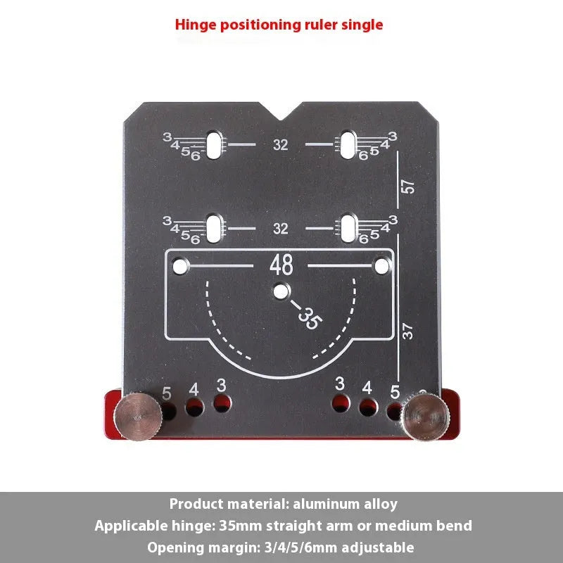Red aluminium hinge locating tool with adjustable margin settings for 35mm cabinet door hinges