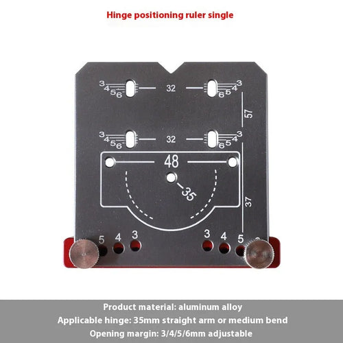 Red aluminium hinge locating tool with adjustable margin settings for 35mm cabinet door hinges