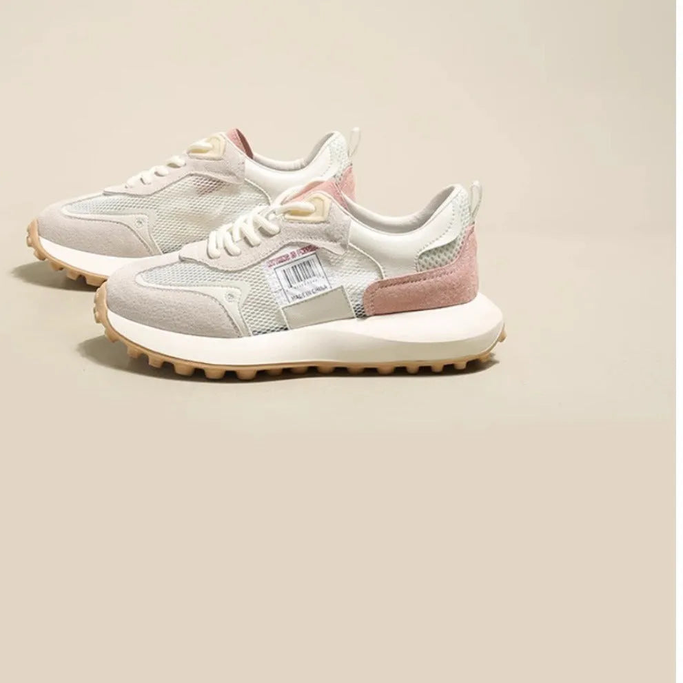 Women's grey and pink retro sneakers with mesh lining and rubber sole in low-top design
