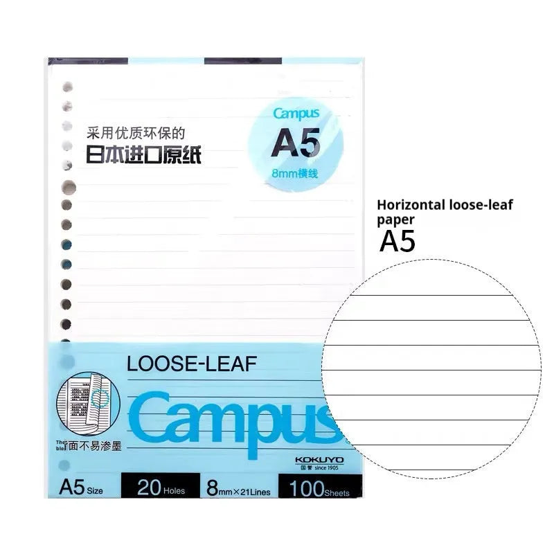 Loose-leaf spiral notebook with PP cover open, showing raw wood pulp pages in A5 or B5 size.