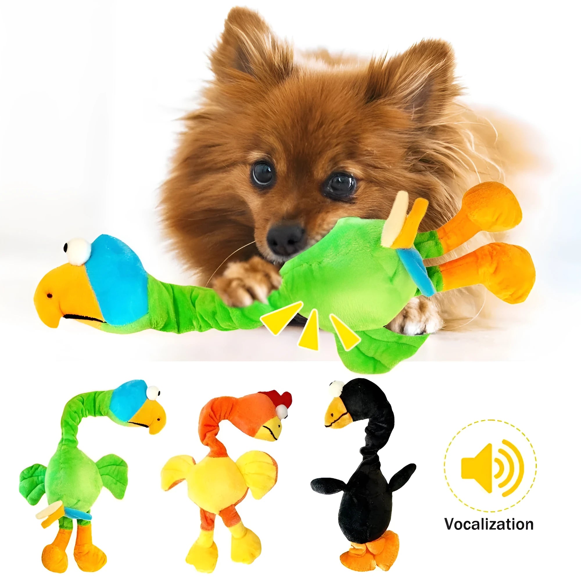 Screaming chicken squeaky dog toy in black, green or orange colours for bite-resistant chewing