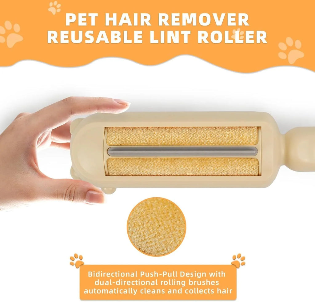 Blue pet hair remover roller with self-cleaning base on a fabric sofa.