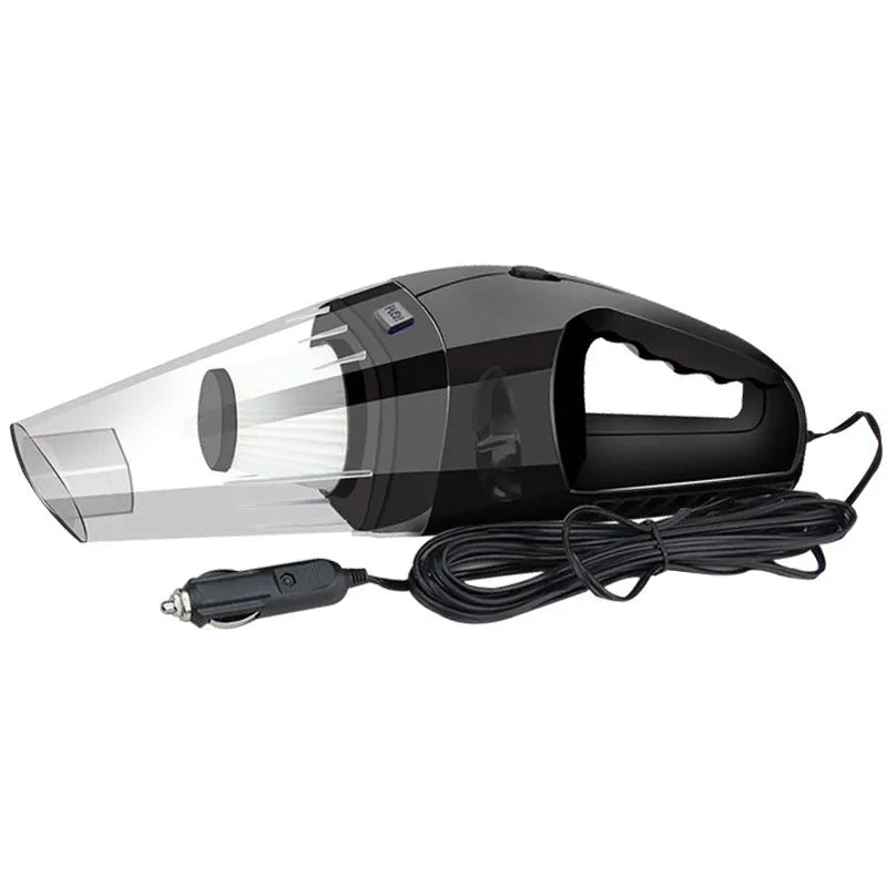 Orange, black, and blue coloured 12V handheld car vacuum cleaner with nozzle attachments on a 5m cord.