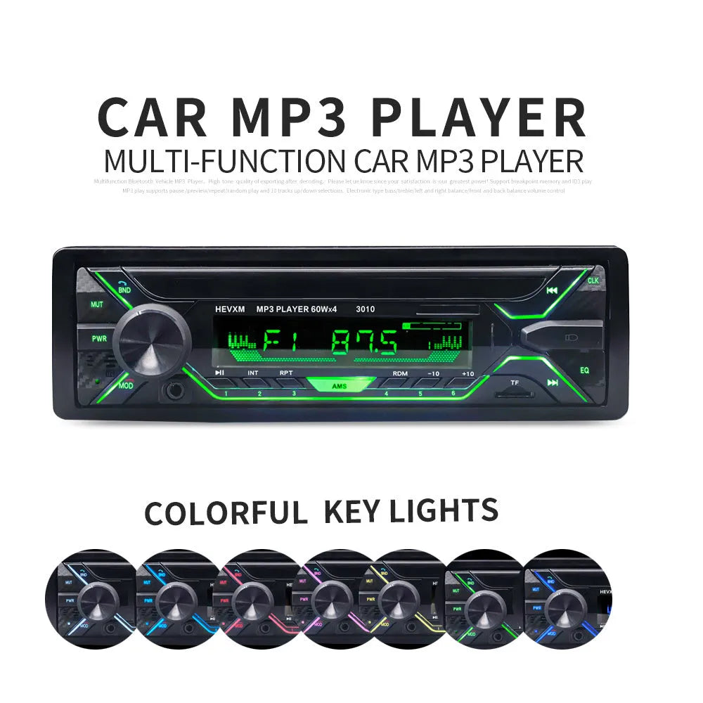 Front view of a black car radio MP3 player with LCD display, rotary knobs, and USB/TF card slots.