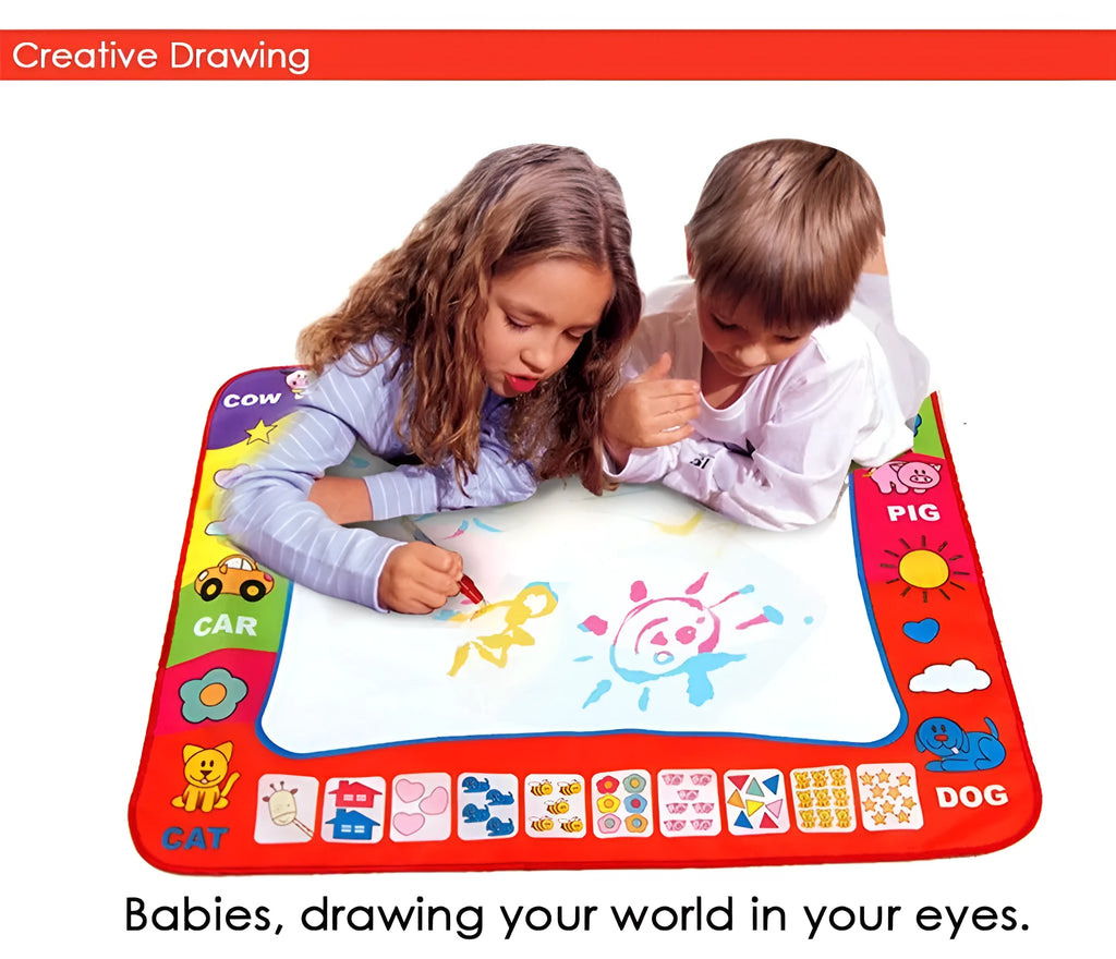 80x60cm children's water doodle drawing mat with two magic pens, showing a white drawing area with foggy letters and numbers around the edge