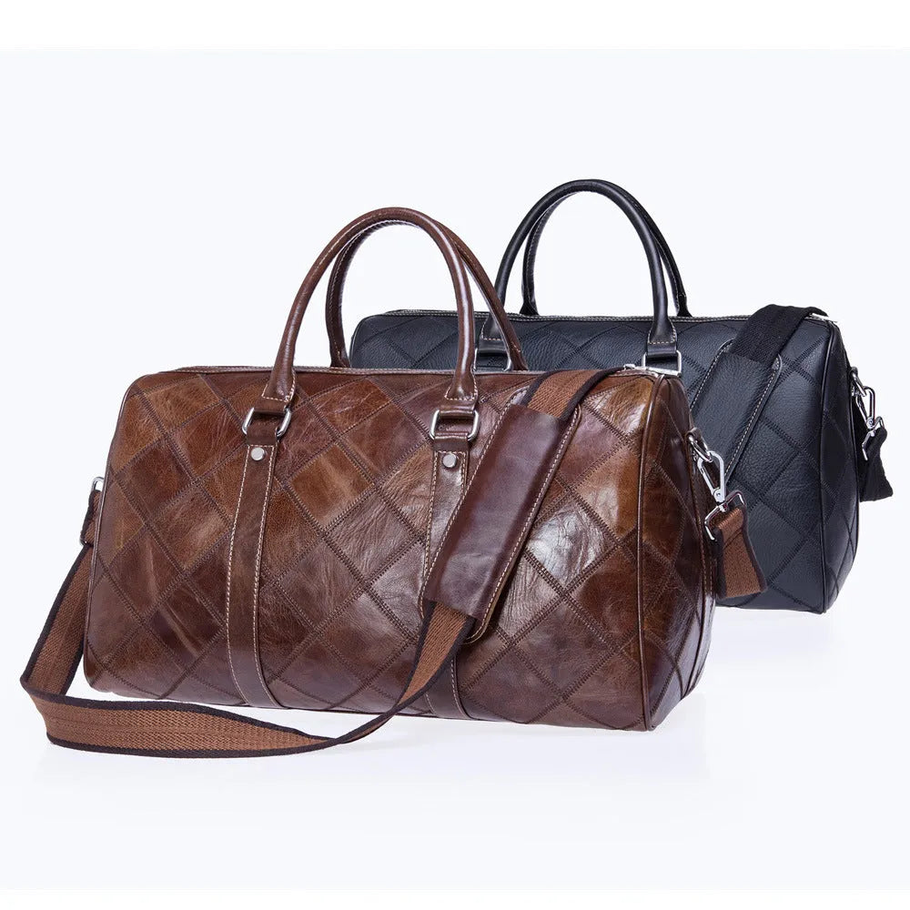 Vintage brown cowhide leather men's duffel bag with a single shoulder strap, shown open to reveal internal phone pocket and zippered compartment.