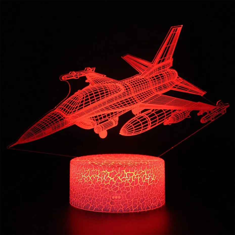 Cartoon aeroplane-shaped white night light with LED illumination and a touch-sensitive base.