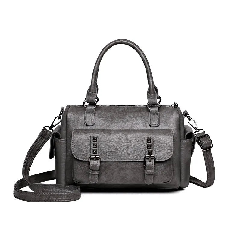 Vintage style large messenger bag in PU leather with contrast stitching, shown in a horizontal square shape.