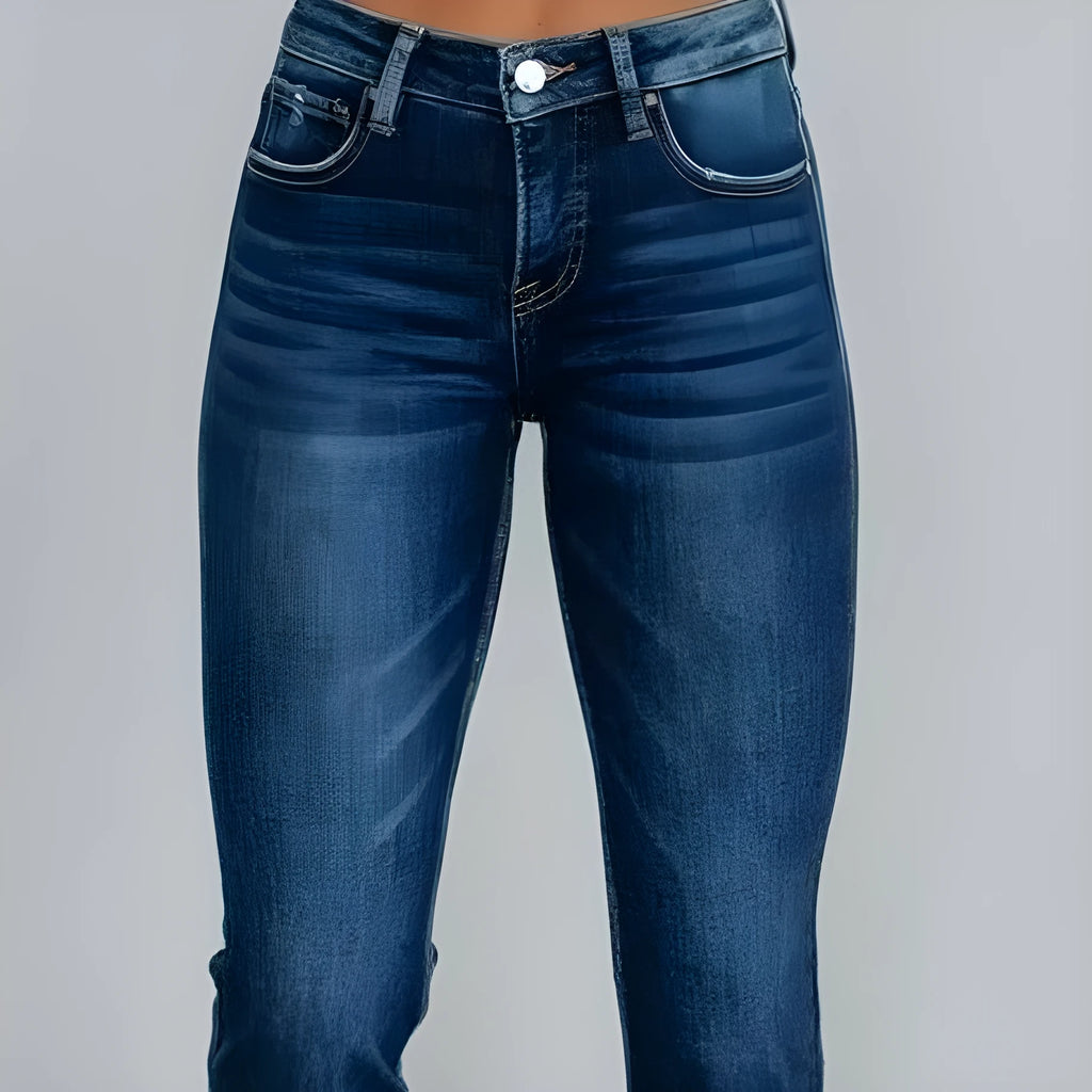 Women's dark blue cotton denim trousers with hand-worn finish, casual style
