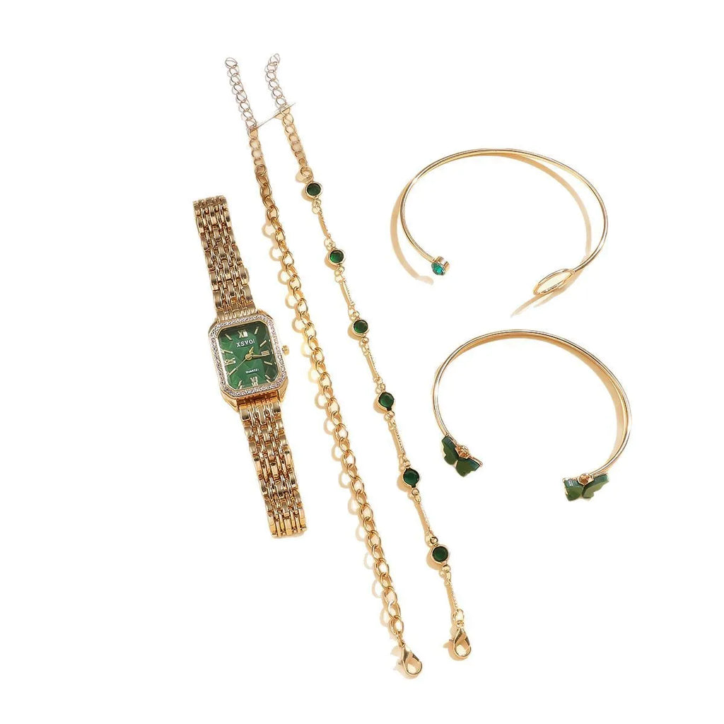 Gold green square women's watch with four matching alloy bracelets in gift set