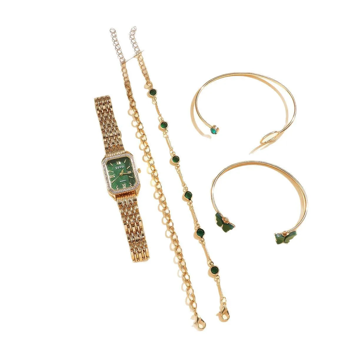 Gold green square women's watch with four matching alloy bracelets in gift set