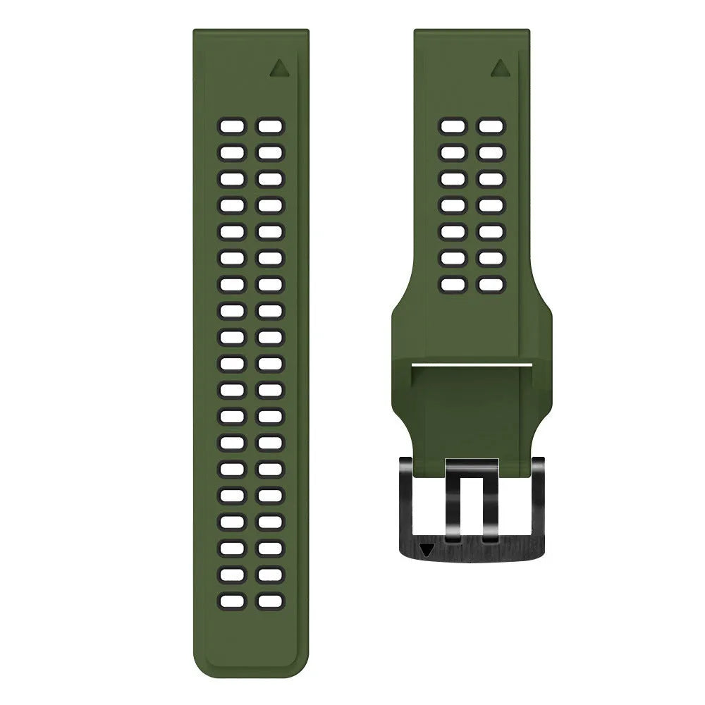 Quick release double row hole silicone watch strap in a two-tone colour on a watch.
