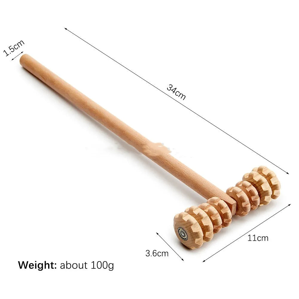 Natural beech wood massage roller set with multiple wheel designs for lymphatic drainage and skin texture improvement