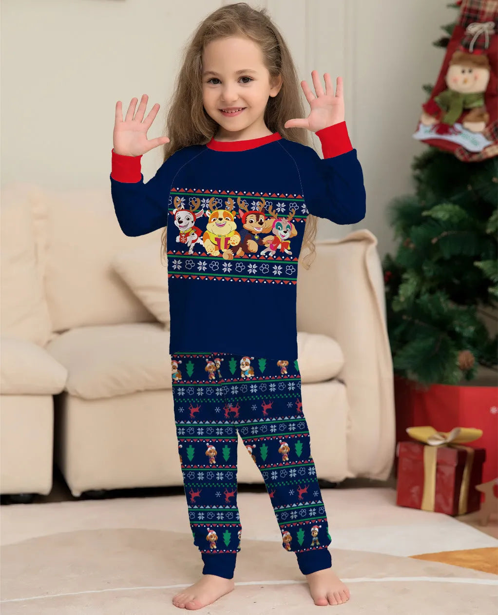 Matching family Christmas deer print plaid pyjamas set for men, women, children, and dog in soft cotton