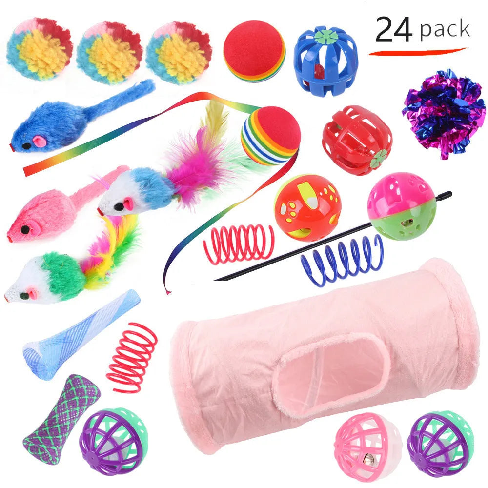 Plastic cat toy channel maze set with coloured accessories for feline play