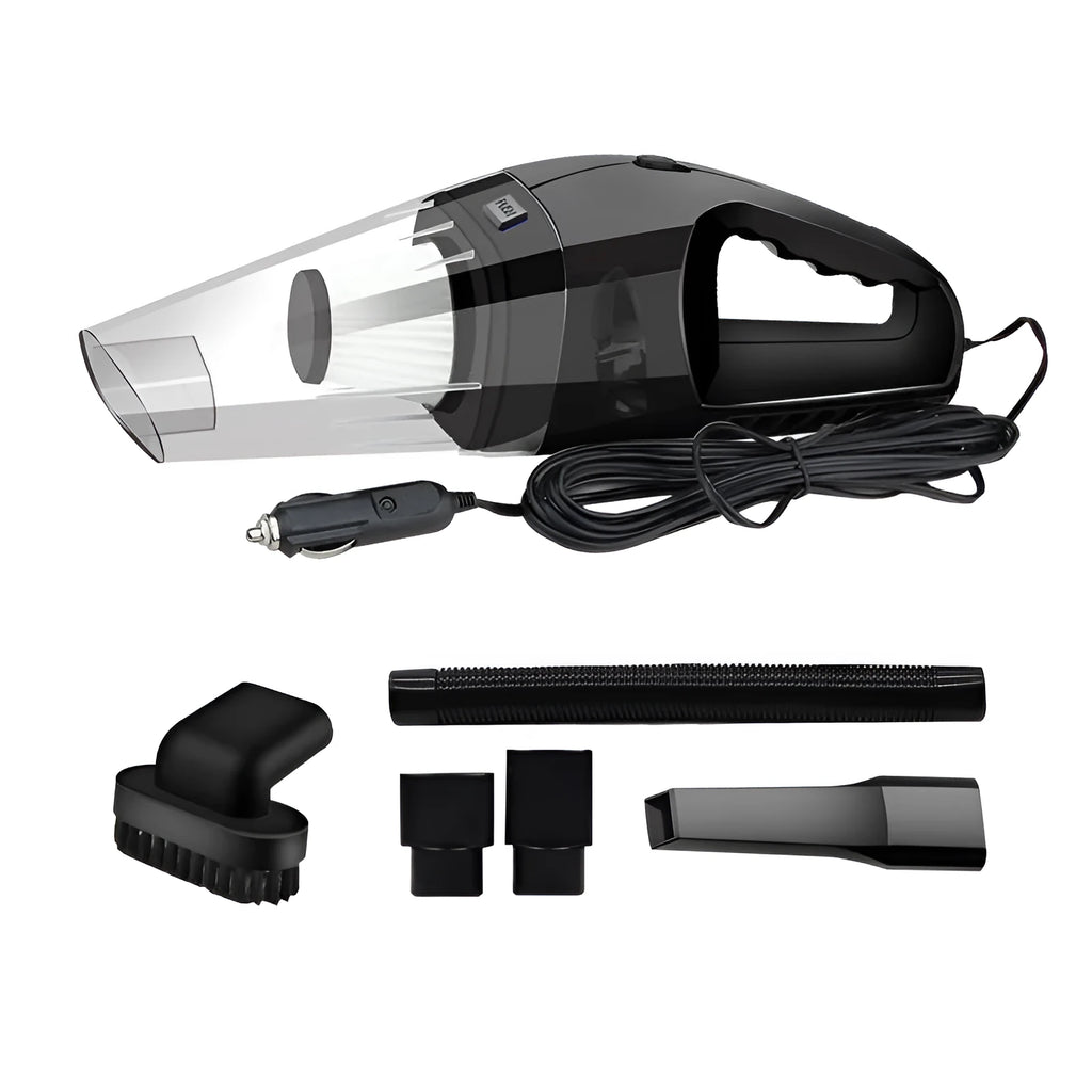Orange, black, and blue coloured 12V handheld car vacuum cleaner with nozzle attachments on a 5m cord.