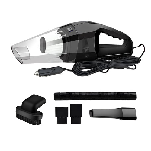 Orange, black, and blue coloured 12V handheld car vacuum cleaner with nozzle attachments on a 5m cord.
