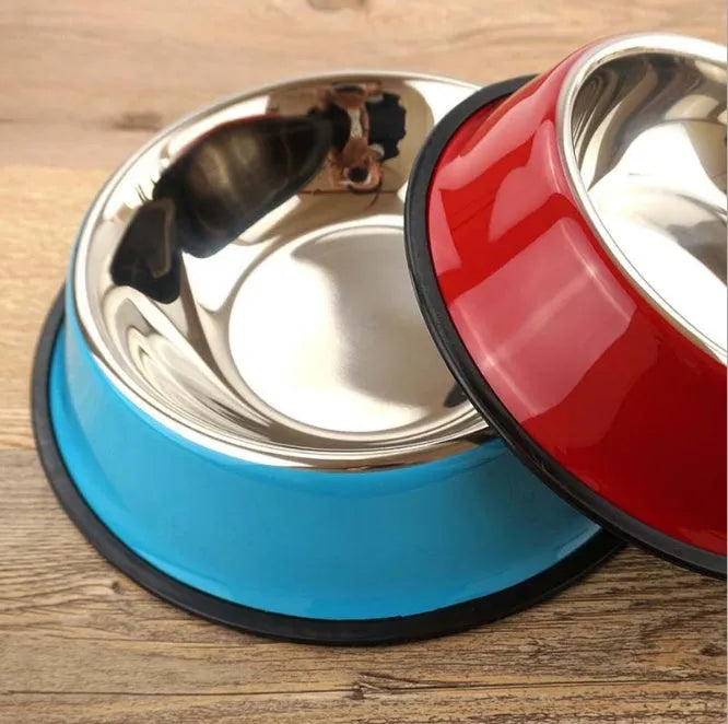 Stainless steel pet bowl with colourful melamine outer pot and non-slip rubber base