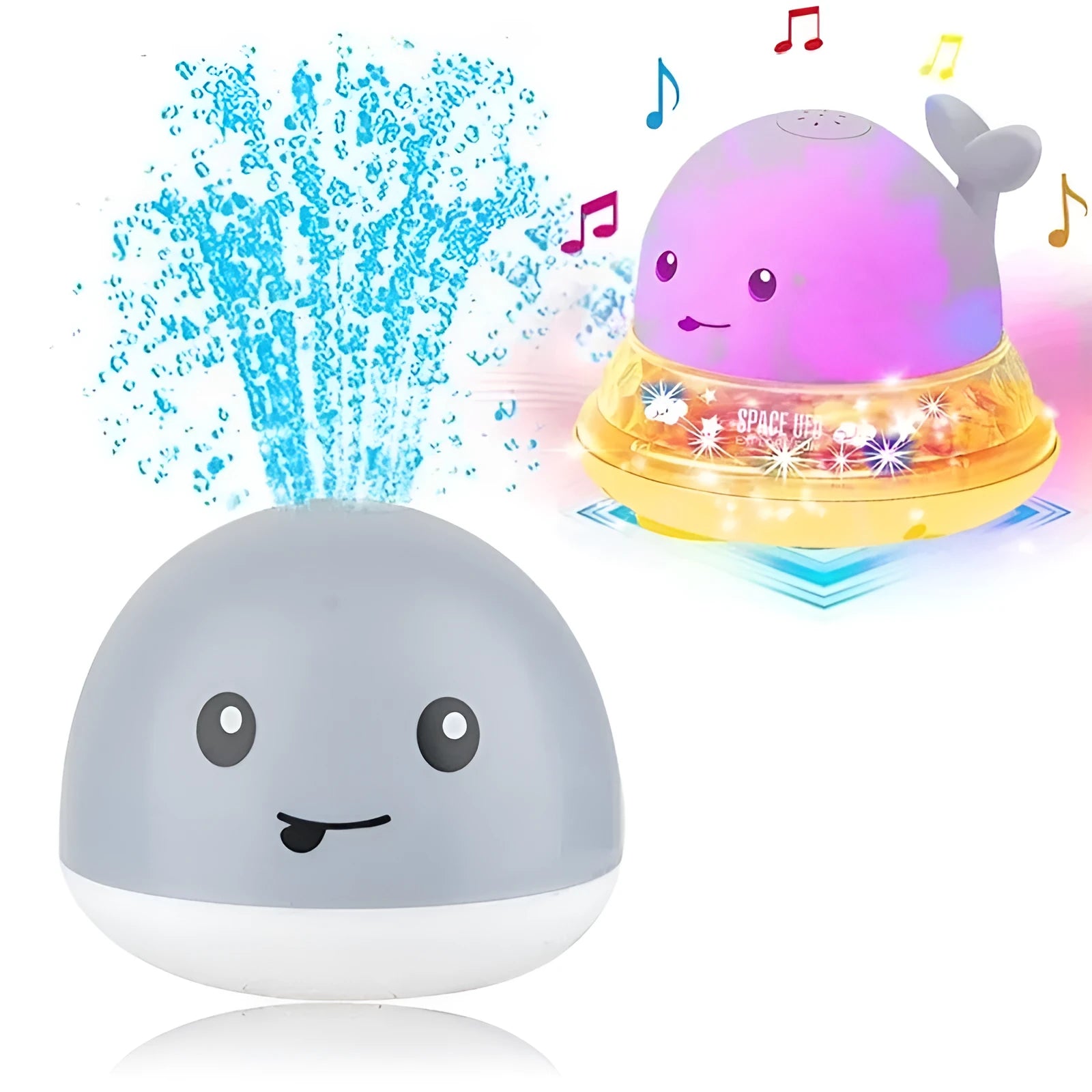 Automatic water spray whale bath toy floating in water with fountain and LED lights