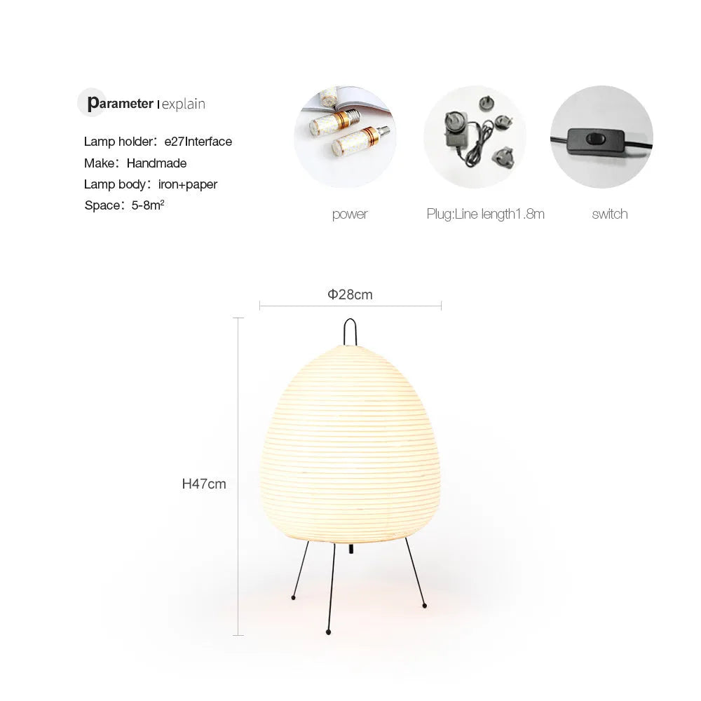 Japanese style rice paper table lamp with handmade shade and aluminium body