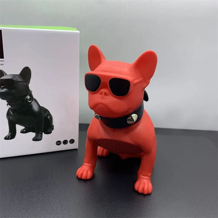 Mini bulldog-shaped Bluetooth speaker in black, red, and white colour options.