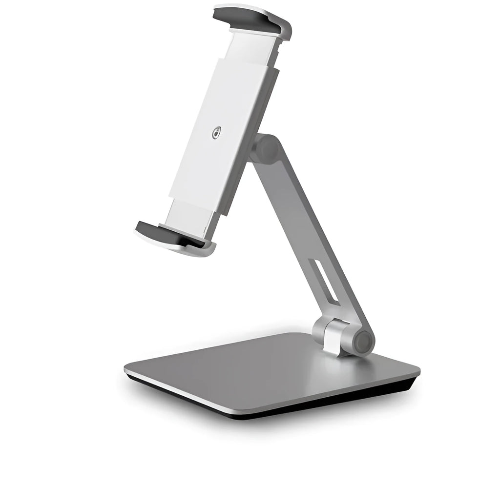 Folding aluminium desktop phone and tablet stand with 360-degree rotation on a wooden desk.