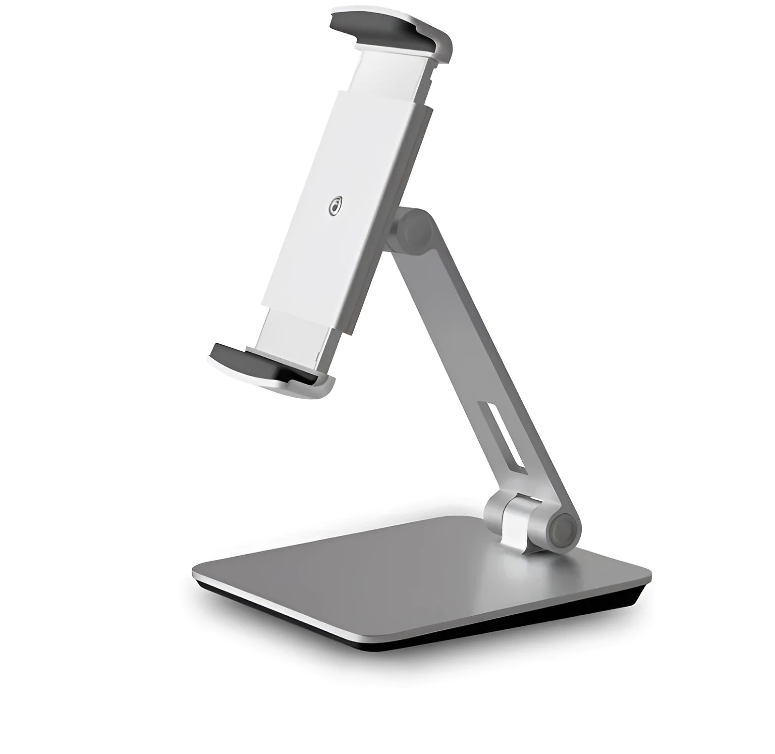 Folding aluminium desktop phone and tablet stand with 360-degree rotation on a wooden desk.