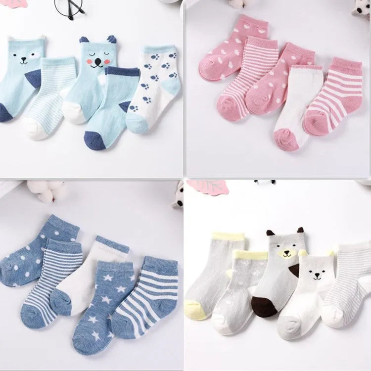 Set of five children's cotton socks in assorted solid colours and stripes, mid-tube length for toddlers 1-3 years