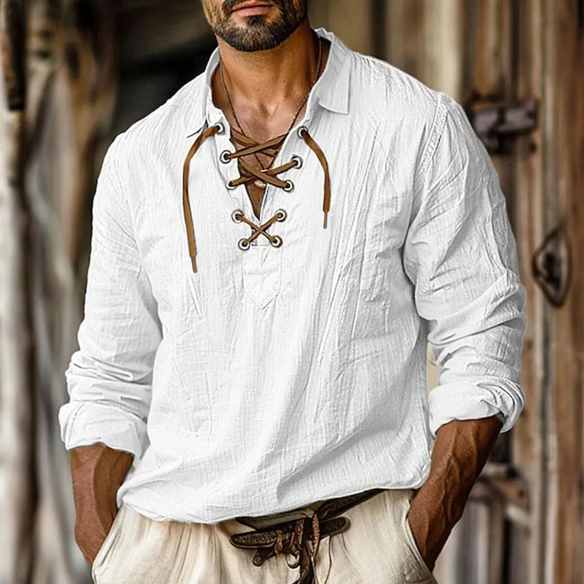 Men's loose fit plus size linen shirt with lapels and lace detailing in a solid colour.