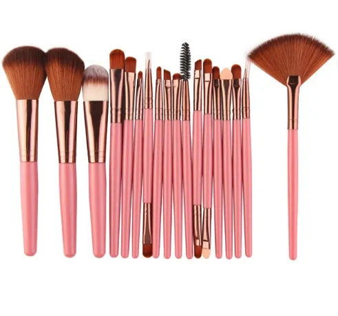 18-piece makeup brush set with fan-shaped tools in multiple styles for professional and home makeup application