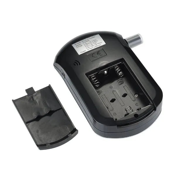 Black portable breath alcohol tester with digital screen and mouthpiece, slim design for pocket.