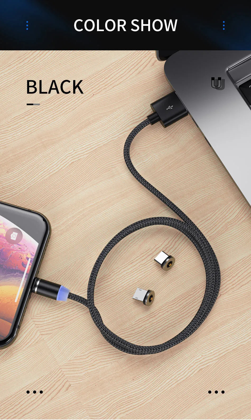 Black magnetic USB cable with interchangeable charging tips showing LED indicator light