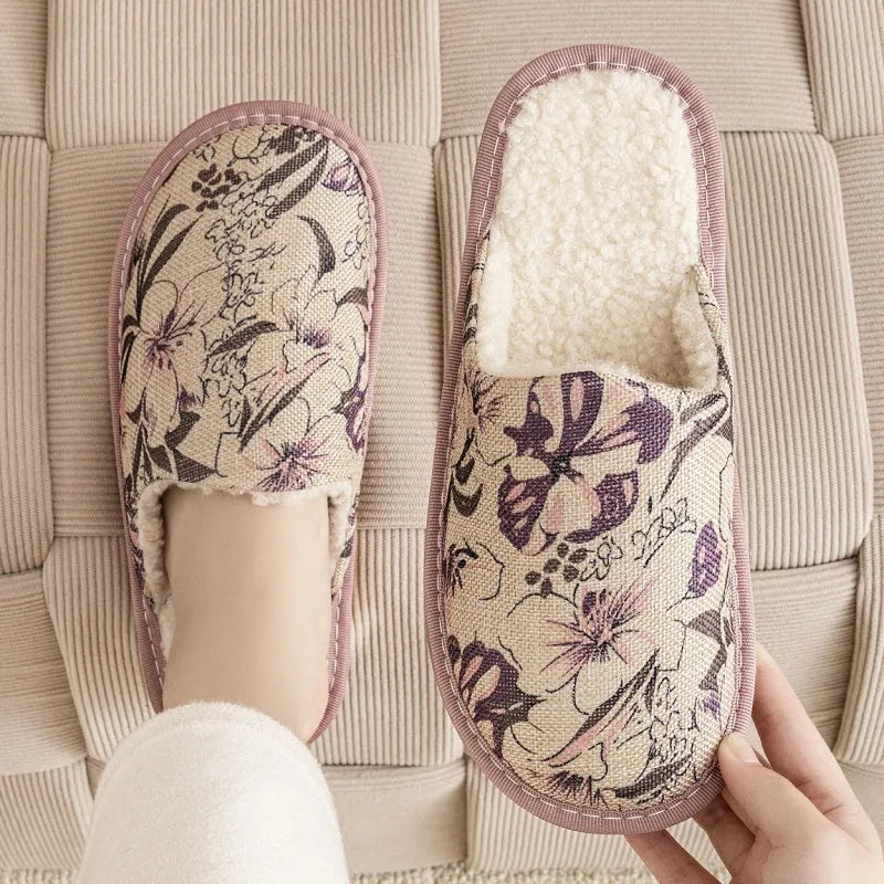 Linen and cotton household slippers with PVC sole in a floral colour option showing size and material detail.