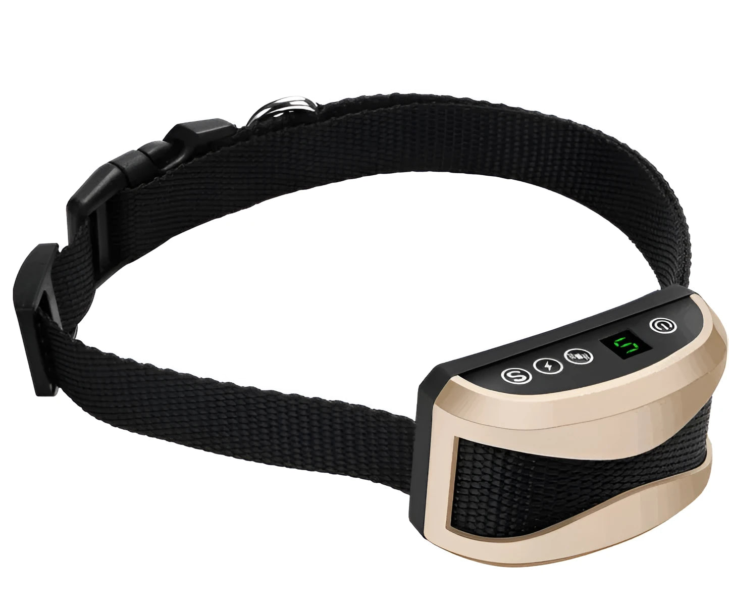 Digital anti-barking training collar with display screen on adjustable black strap for dogs