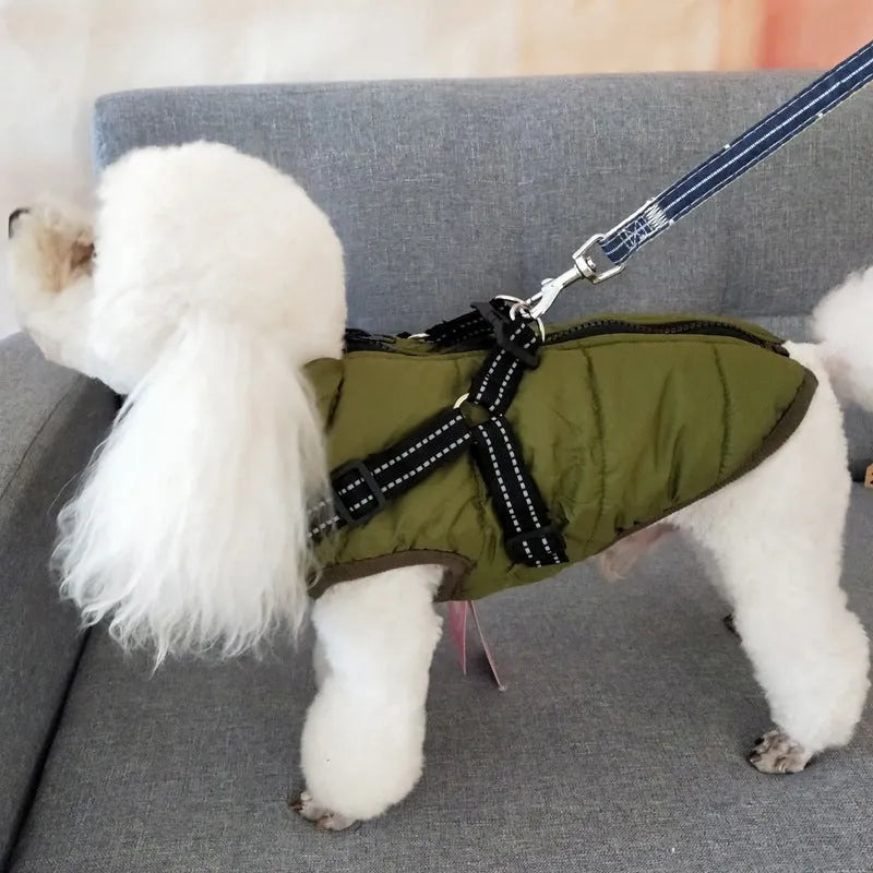 Waterproof dog coat with integrated harness in red, shown on a dog
