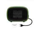 Mini ceramic desk heater in green colour showing compact dimensions