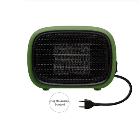 Mini ceramic desk heater in green colour showing compact dimensions