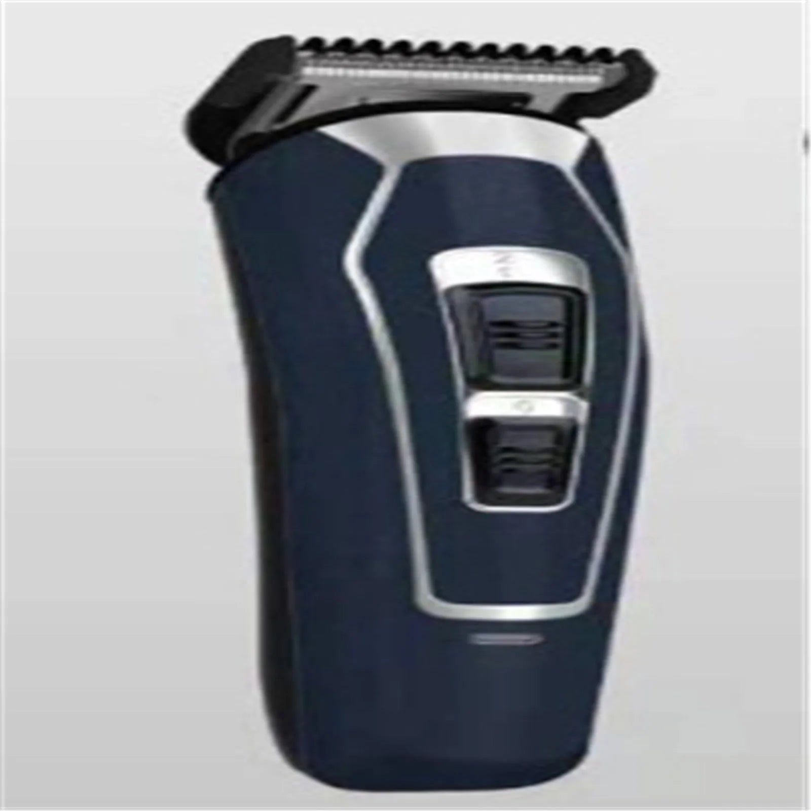 Dark blue cordless rechargeable electric hair clipper with stainless steel blades on a white background.