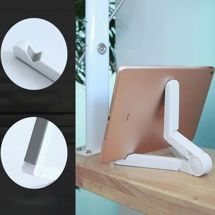Black foldable aluminium tablet holder open in landscape mode supporting an iPad, showing side adjustment buttons.