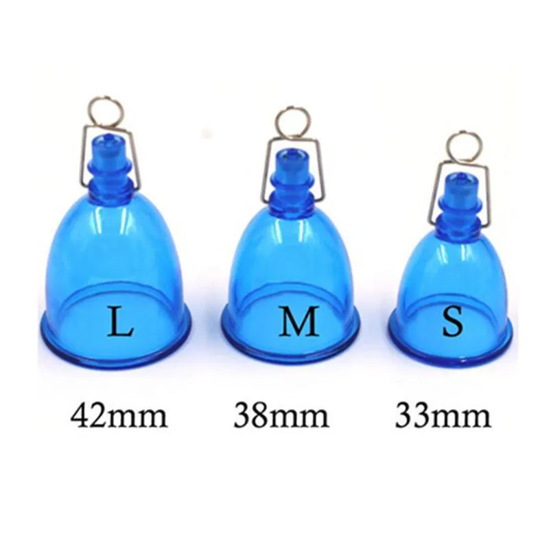 Blue silicone men's adult physical stretch exerciser showing small, medium and large cup size options