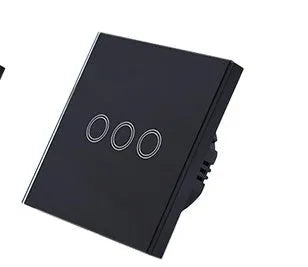 Type 86 touch-sensitive light switch with tempered glass panel in black, golden, or white.