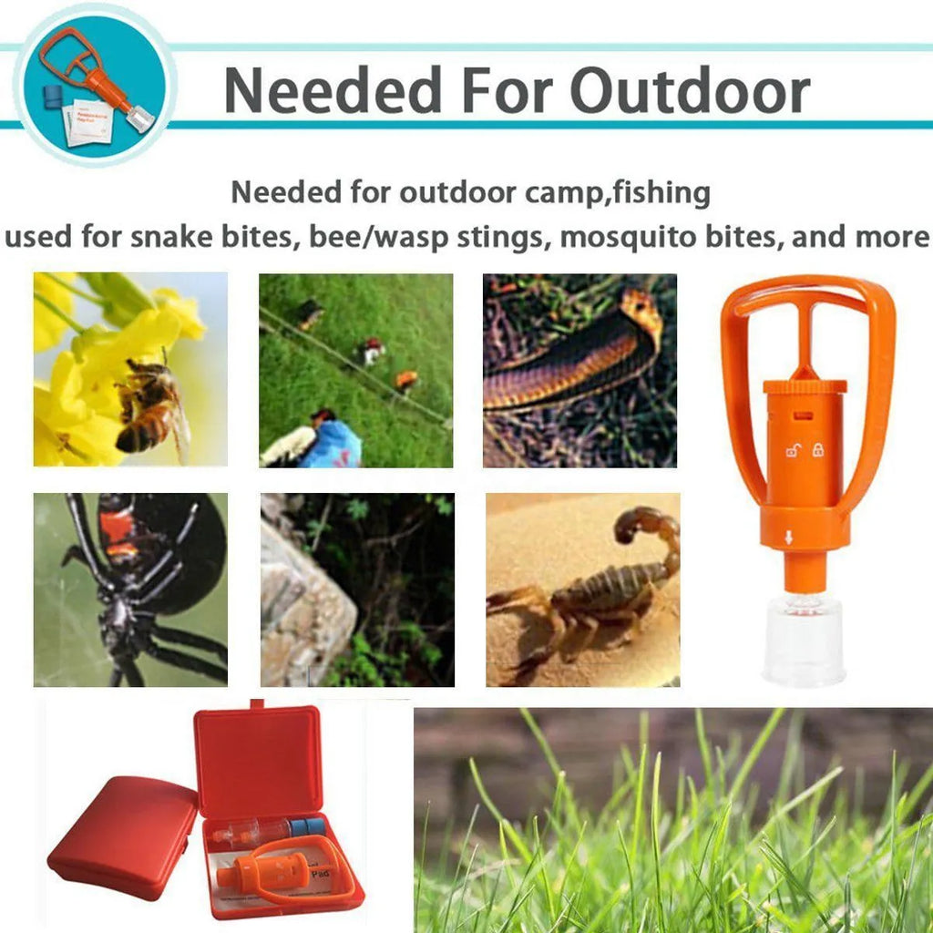 Orange portable venom extractor first aid kit with suction pump, two cups, tourniquet, and swabs laid out.