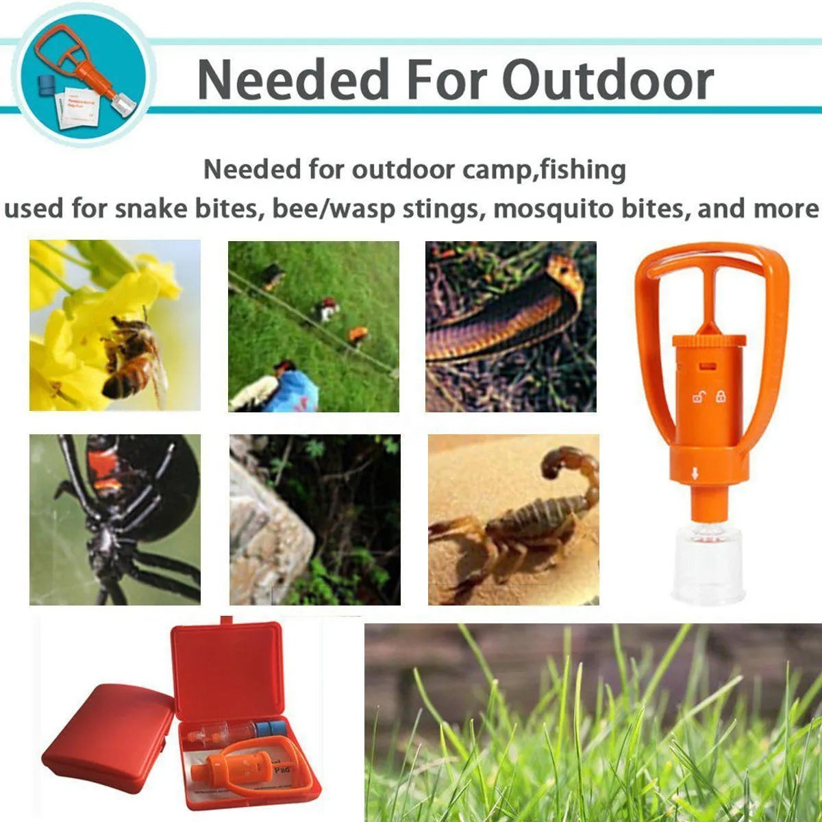 Orange portable venom extractor first aid kit with suction pump, two cups, tourniquet, and swabs laid out.