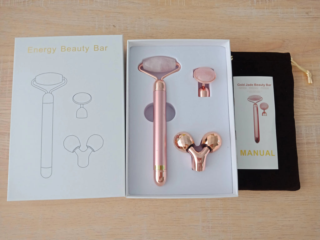 3-in-1 vibrating facial jade roller set with rose quartz heads in rose gold colour