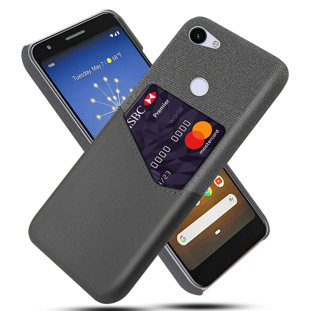 Genuine leather Google Pixel mobile phone case in solid colour on a wooden table.