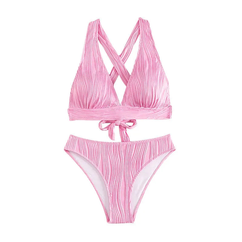 Women's pink and black halter neck bikini set with shorts, shown front and back.
