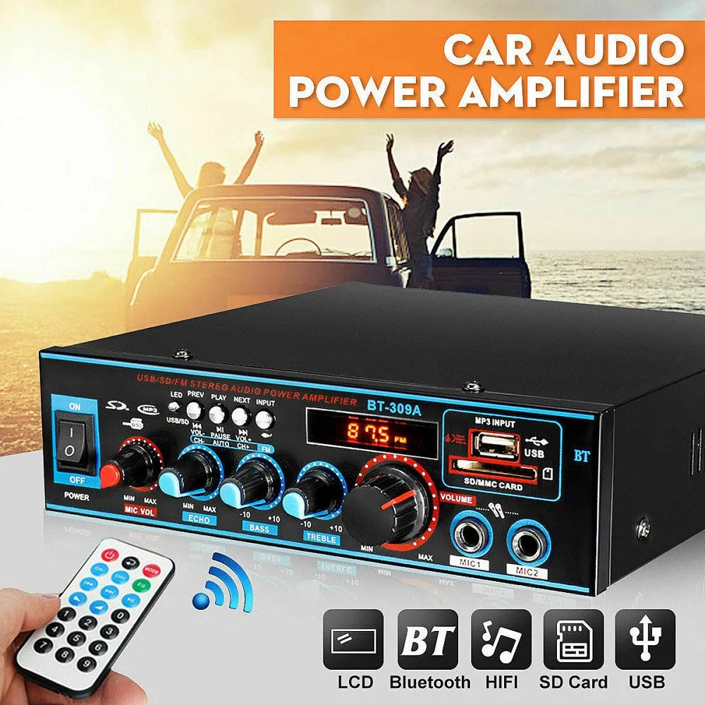 Black BT-309A-A Bluetooth power amplifier with front controls and wire clamp connections