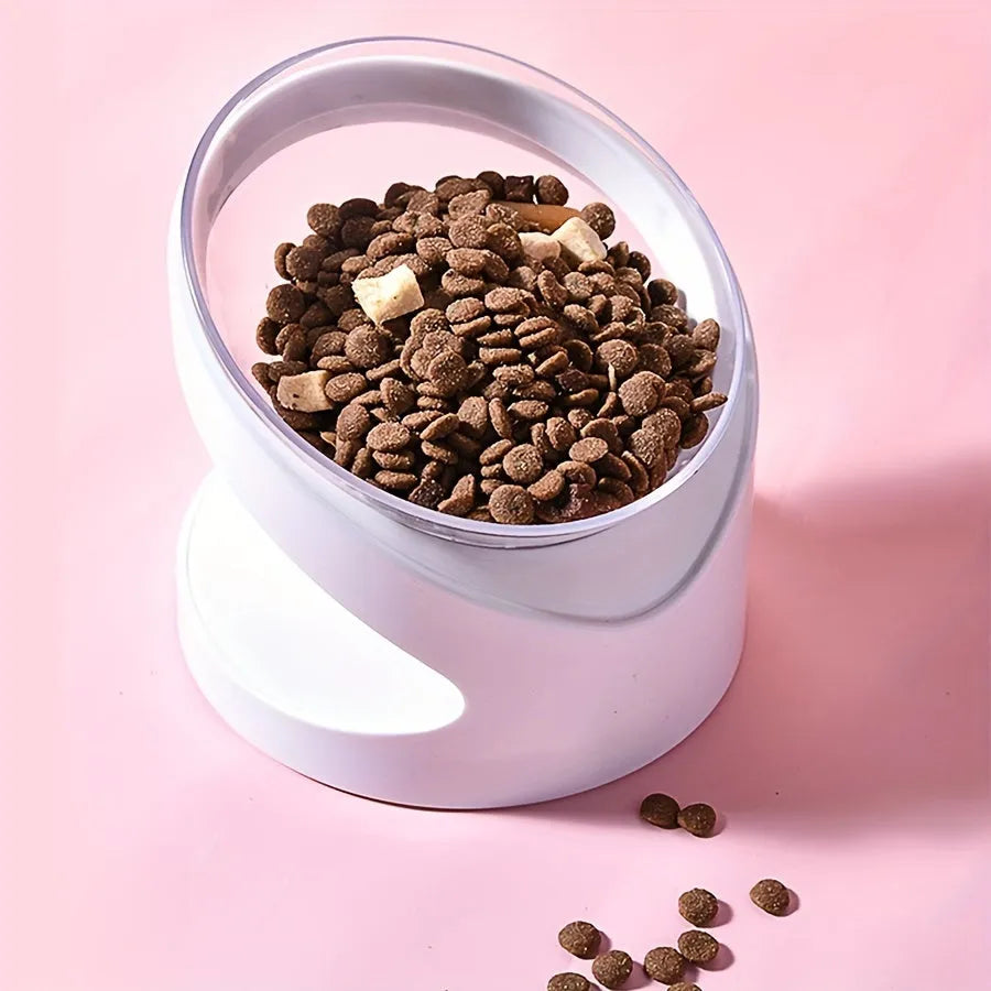 White elevated cat food bowl with clear tilted plastic design for dry and wet food