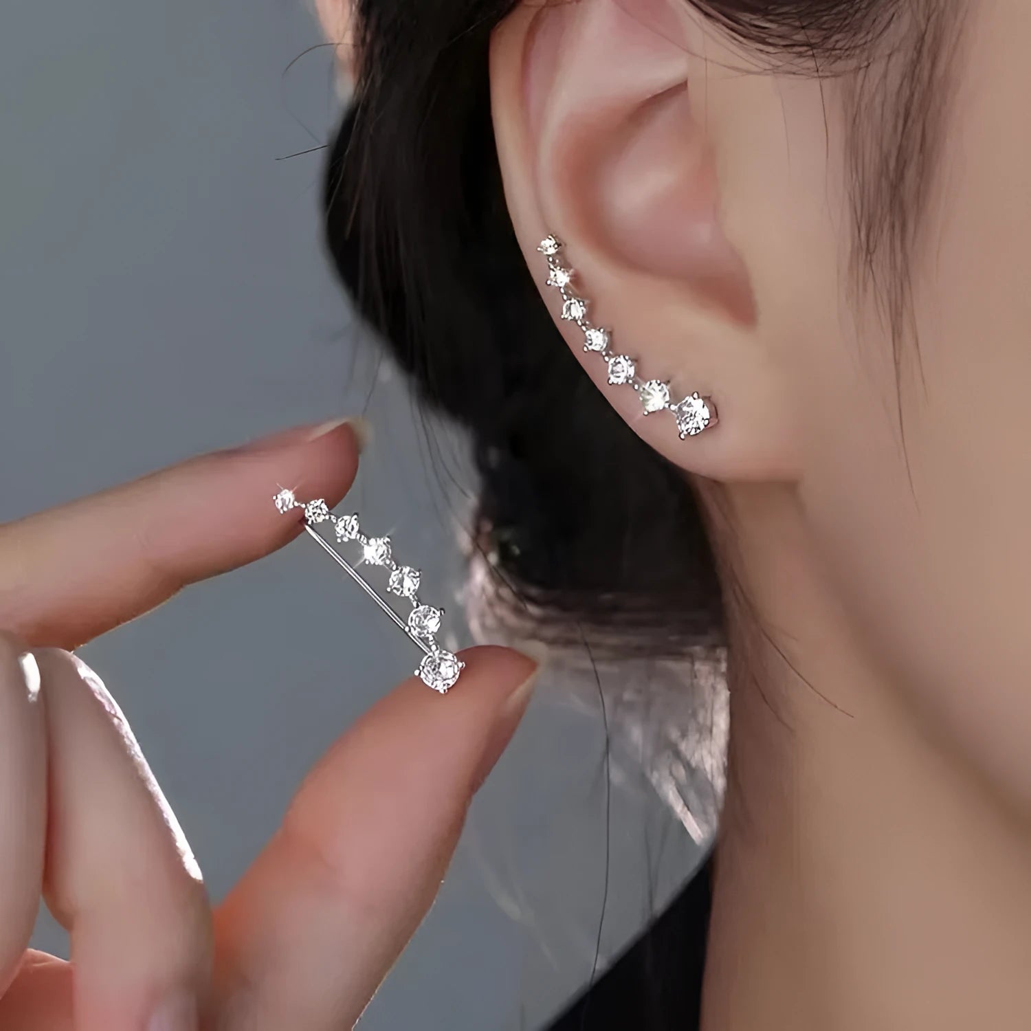 Silver Needle geometric earrings for women, white colour, zircon accents, line design, one pair