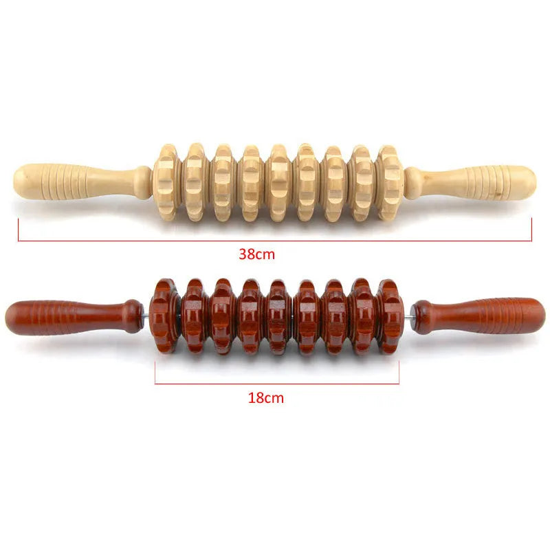 Wooden massage roller 38cm placed on surface, used for back and leg muscle trigger point recovery